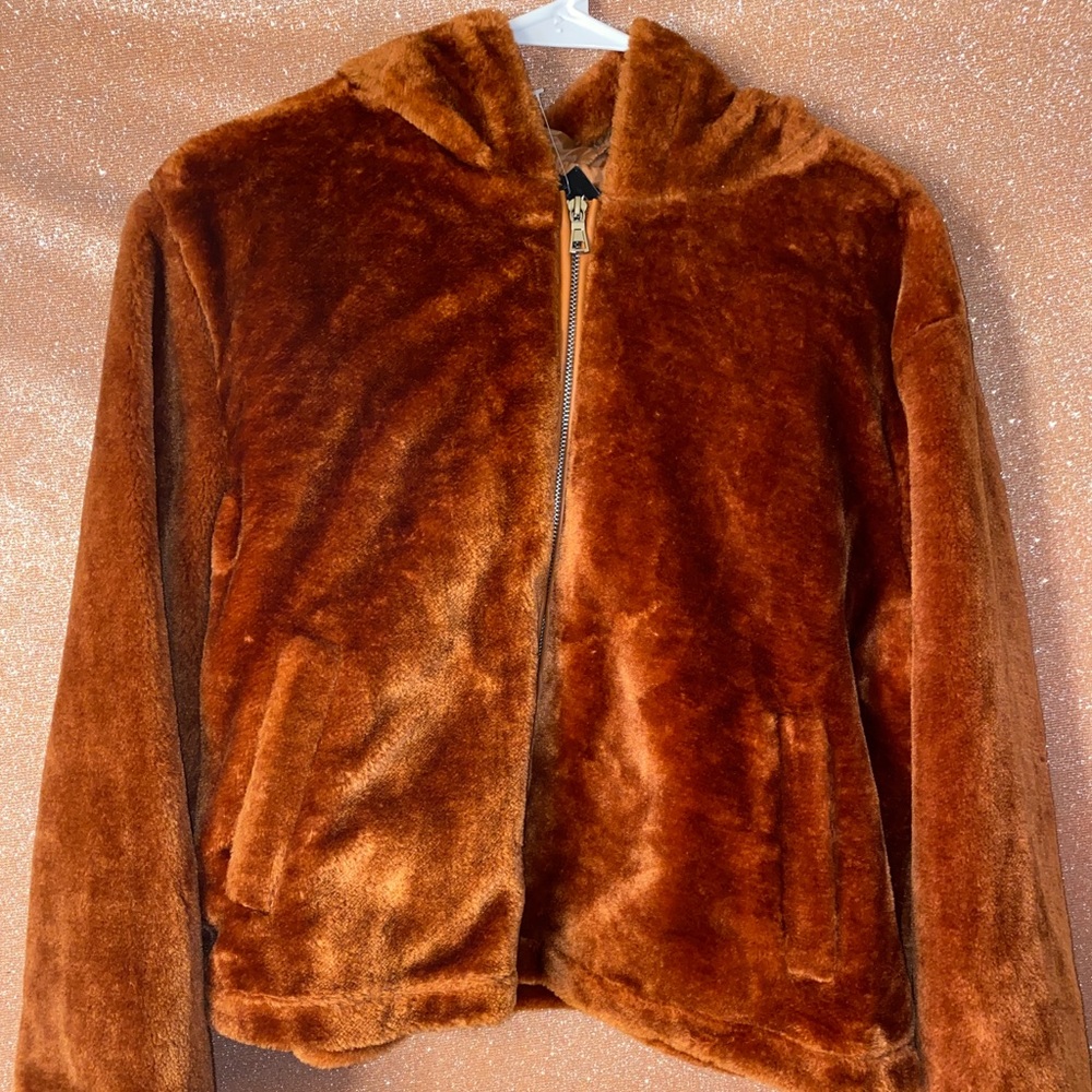 Burnt orange fur zip up hoodie crop